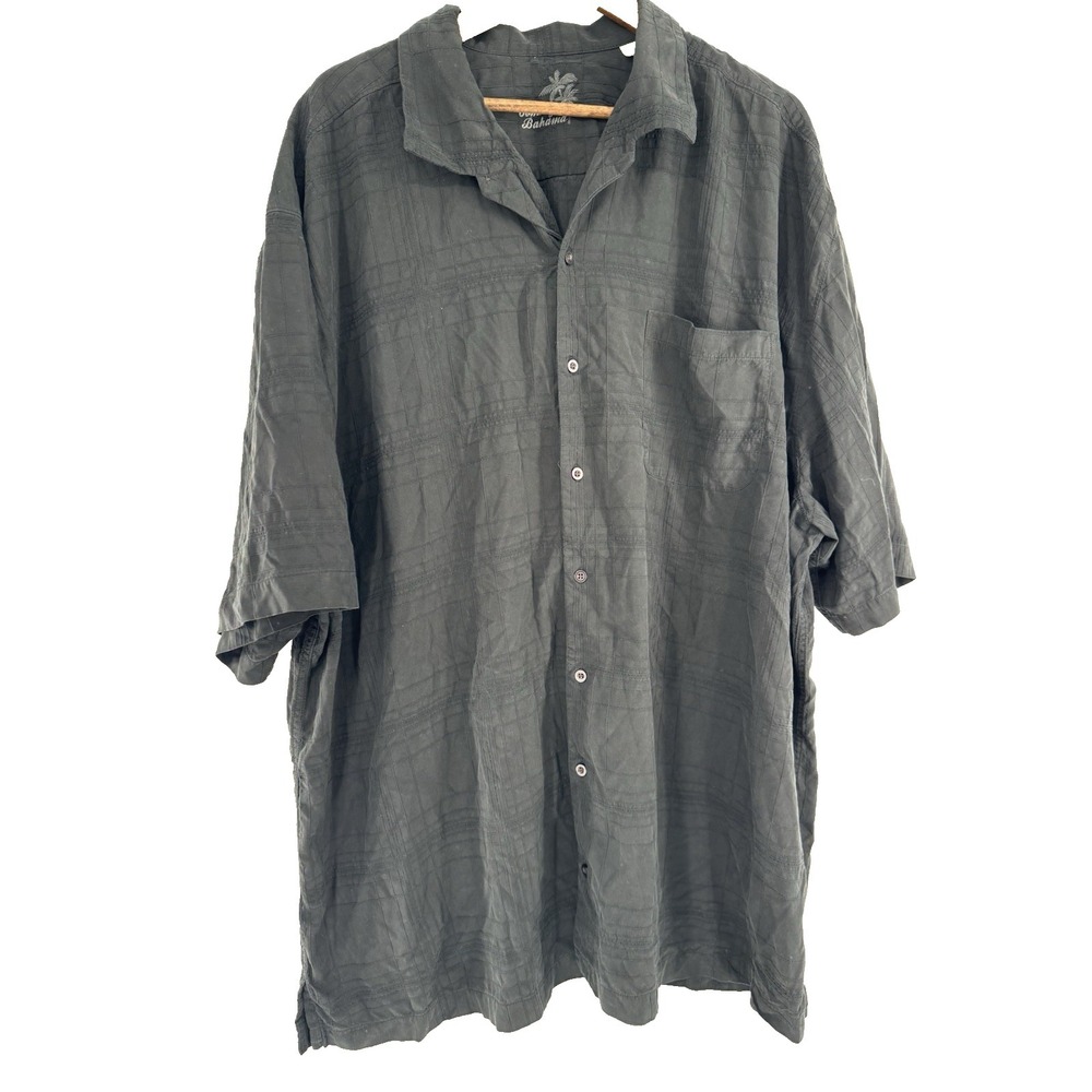 Tommy Bahama Shirt Men's 3XT Black striped 100% Silk Button Up Short‎ Sleeve